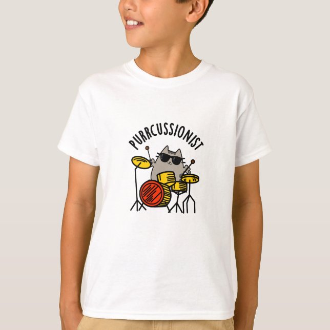 Camiseta Purr-cussionista Engraçado Drummer Cat Pun (Frente)