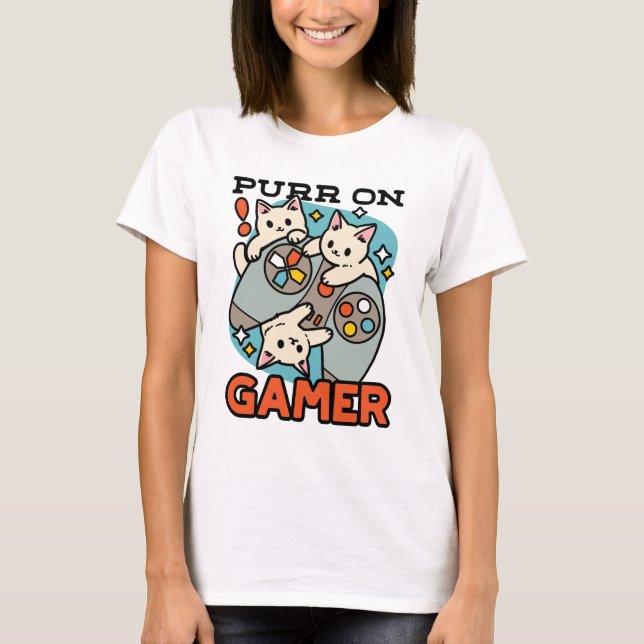 Camiseta Purr On Gamer - Design de Jogos para Gatos de Gato (Frente)