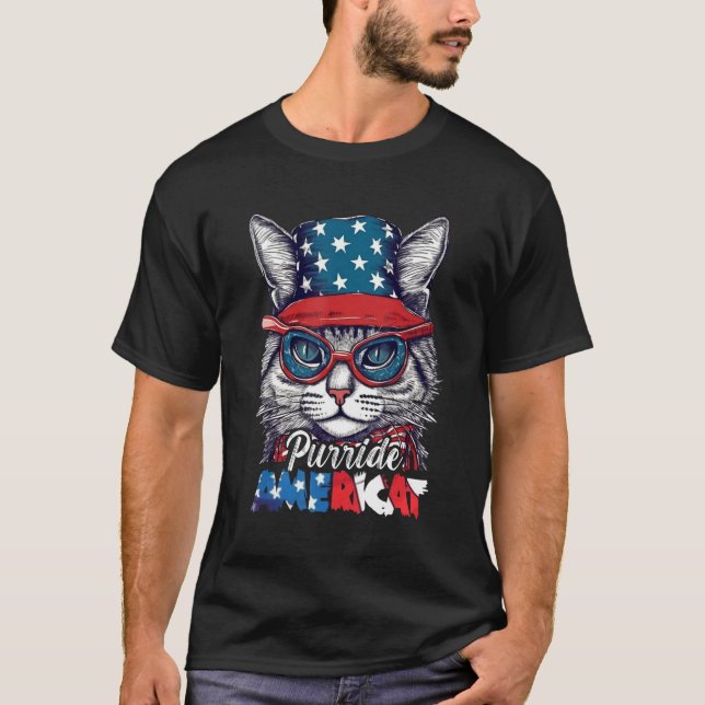 Camiseta Purride Americat Cute Cat USA 4th of July Men Wome (Frente)