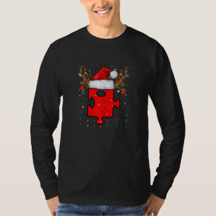 Camiseta Puzzle de Autismo Feminino Rena Santa Chapéu Natal