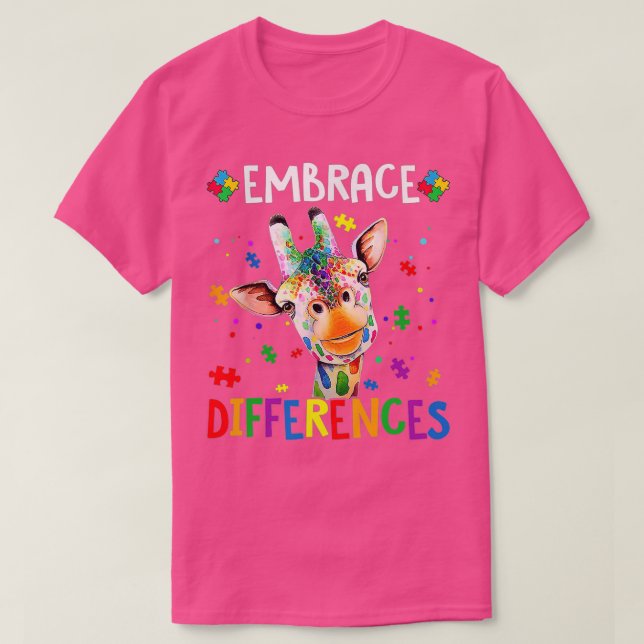 Camiseta Puzzle Piece Autism Giraffe Embrace Differences (Frente do Design)