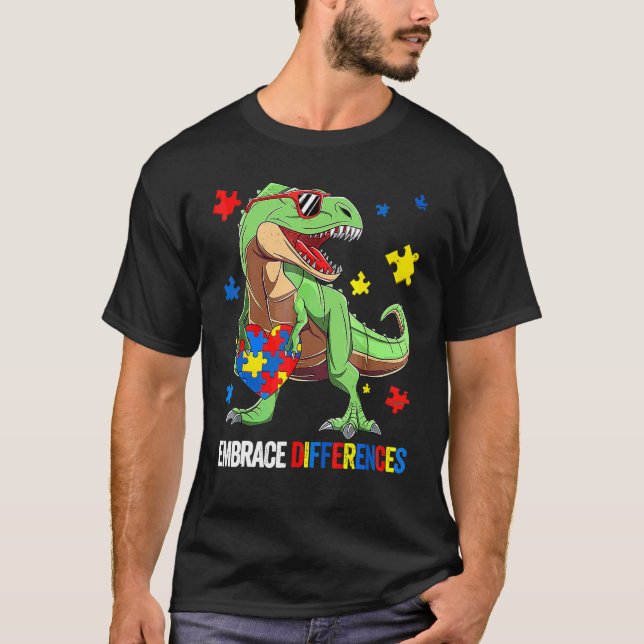 Camiseta Puzzle Piece Autism T Rex Dinosaur Embrace Differe (Frente)