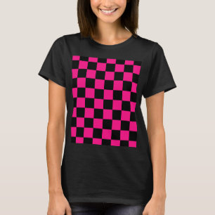 Camiseta Quadrados xadrez rosa quente preto geométrico retr