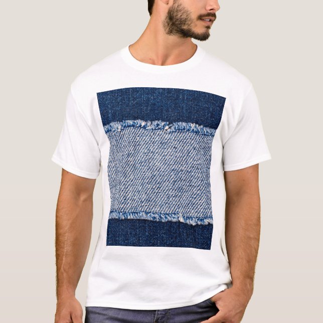 Camiseta Quadro de jeans azuis com borda denim. (Frente)