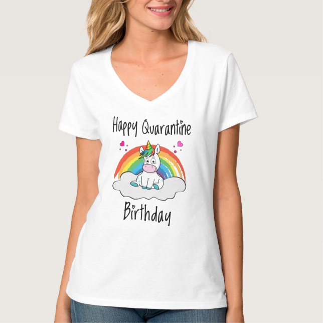 Camiseta Quarantine Birthday Unicorn arco-íris (Frente)