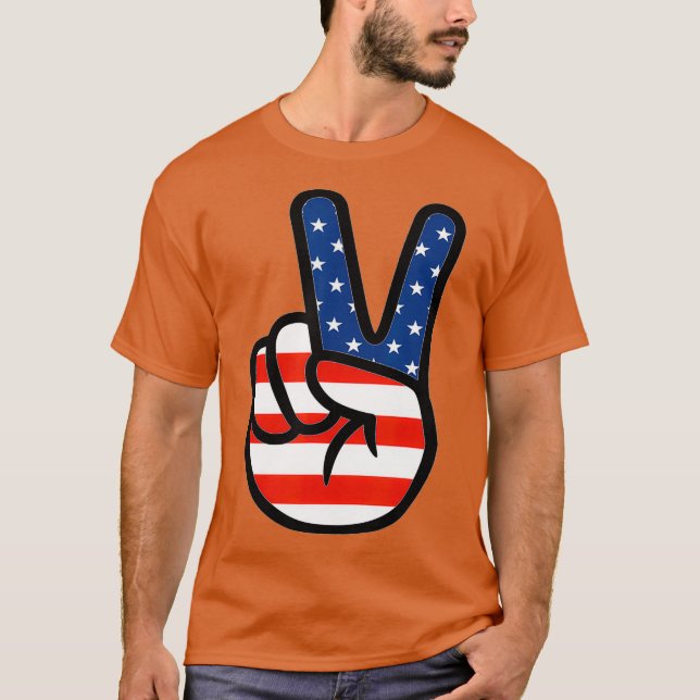 Camiseta Quarto 4 de julho, Sinal de Paz de Bandeira Americ (Frente)