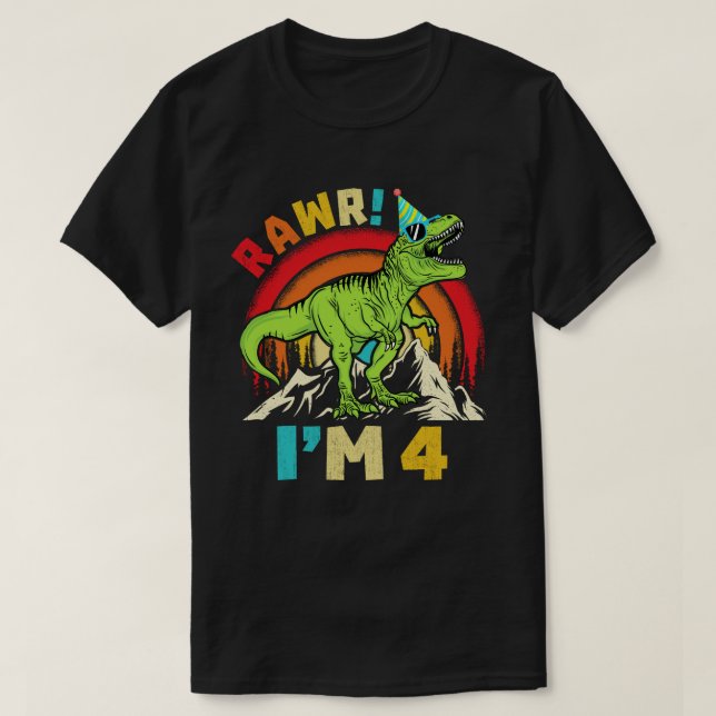Camiseta Quarto aniversário Dinossauro T Rex Rawr Eu sou 4  (Frente do Design)