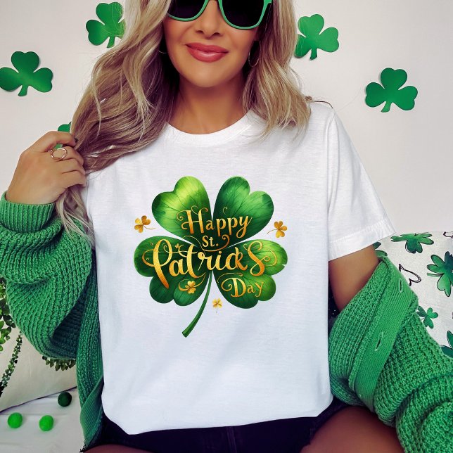 Camiseta Quatro Dia de São Patrício Feliz de Folha (Four Leaf Clover Happy St Patrick's Day T-Shirt)