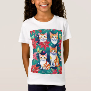 Camiseta Quatro Gatos De Natal Com Poinsettias