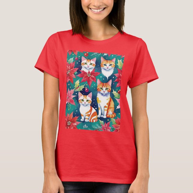 Camiseta Quatro Gatos De Natal Com Poinsettias (Frente)