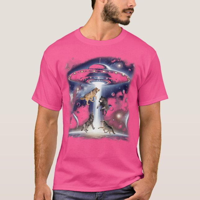 Camiseta Quatro Lobos Com Ufo Lobos Engraçados Ufos Alieníg (Frente)