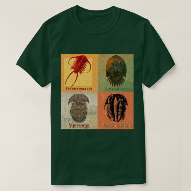 Camiseta Quatro Montagens de Trilobitas Fósseis (Frente do Design)