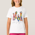Camiseta Quatro Pássaros Cólitos e Brancos<br><div class="desc">Esta é uma pintura mestiça original de quatro aves brancas e coloridas.</div>