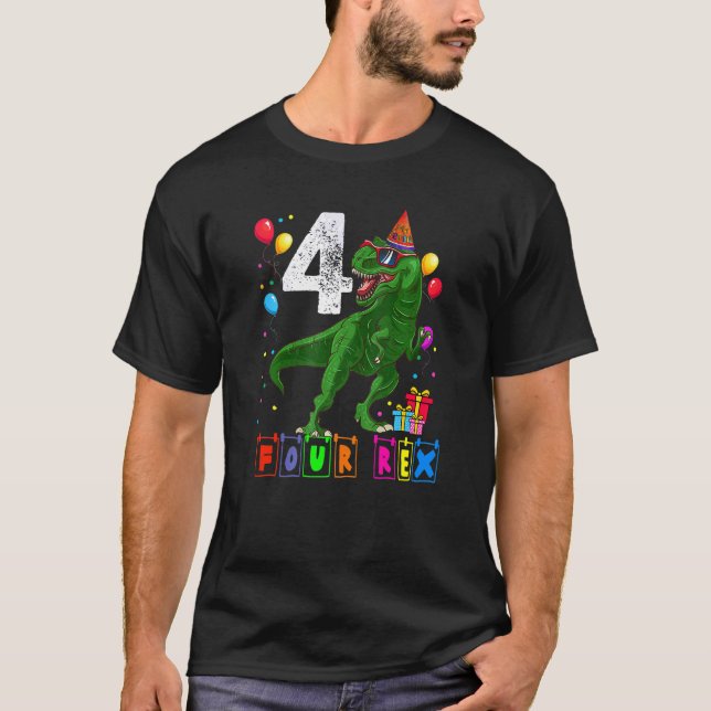 Camiseta Quatro Rex 4º Aniversário Quarto Dinossauro 4 Anos (Frente)