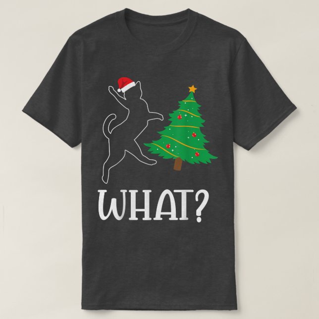 Camiseta Que Gato Engraçado em Santa Hat com Árvore Natal E (Frente do Design)