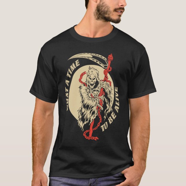 Camiseta Que hora de viver, esqueleto da morte assustadora (Frente)