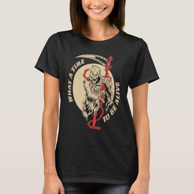 Camiseta Que hora de viver, esqueleto da morte assustadora (Frente)