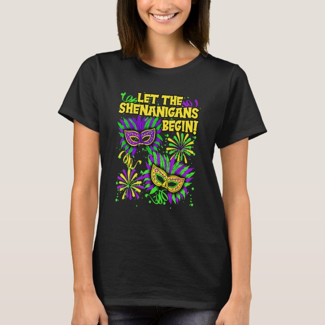 Camiseta Que Os Shenanigans Comecem A Mardi Gras Mask Carni (Frente)