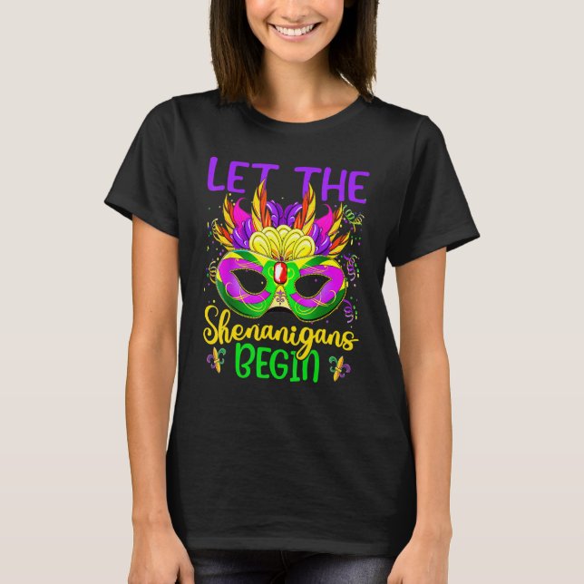 Camiseta Que Os Shenanigans Comecem A Mardi Gras Party Mask (Frente)