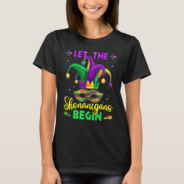 Camiseta Que Os Shenanigans Comecem A Mardi Gras Party Mask (Frente)