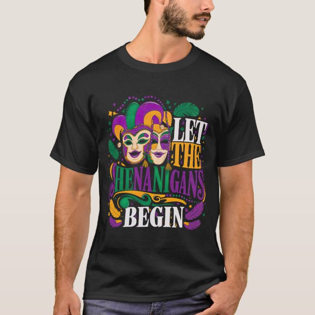 Camiseta Que os Shenanigans comecem! Partido Mardi Gras (Frente)