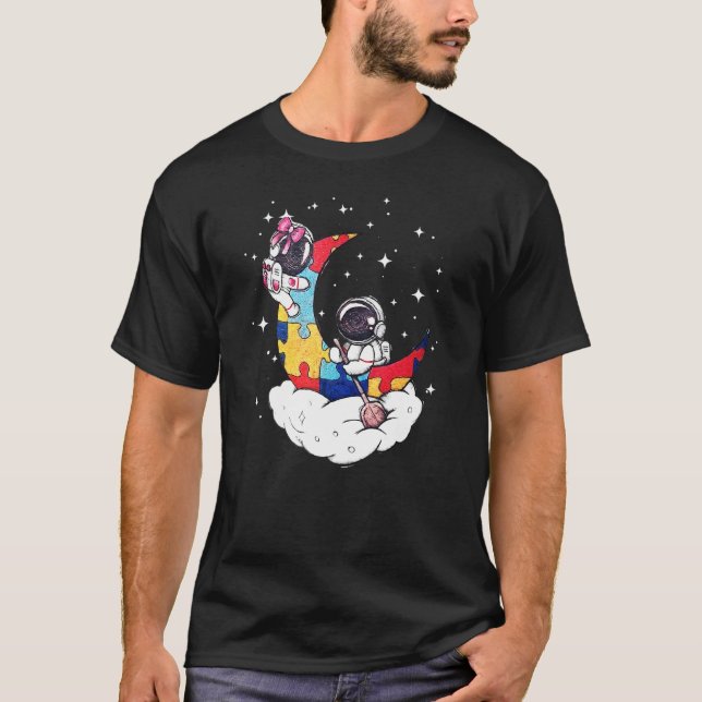 Camiseta Quebra-cabeça Autismo Astronauta Lua Estrelas Espa (Frente)