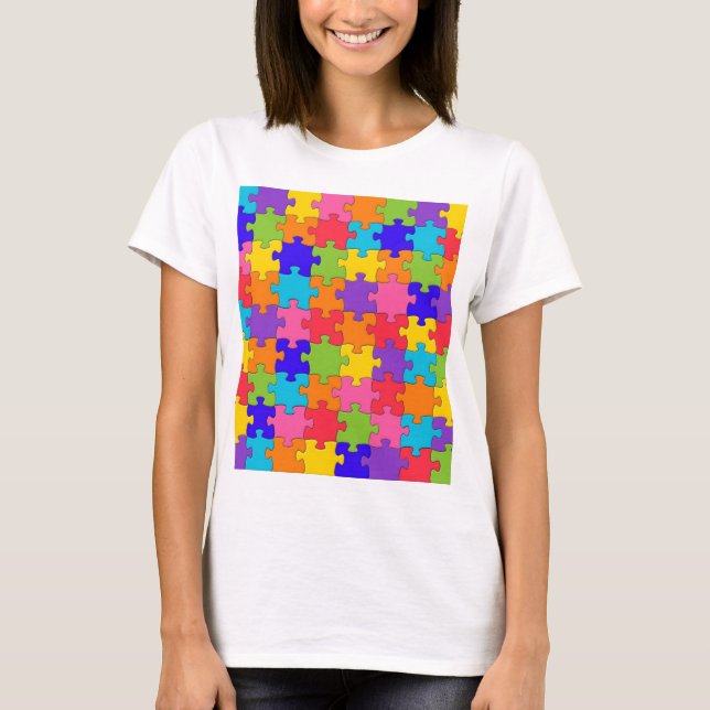 Camiseta Quebra-cabeça Colorida, peças felizes (Frente)