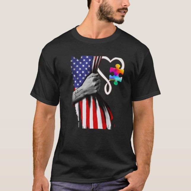 Camiseta Quebra-cabeça de Bandeira Americana Piece Ribbon L (Frente)