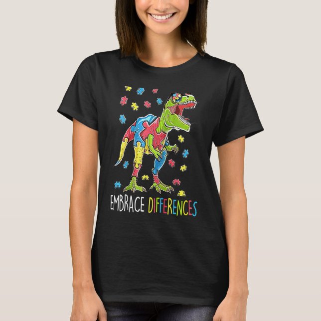 Camiseta Quebra-cabeça de Dinossauro Conscientização do Aut (Frente)