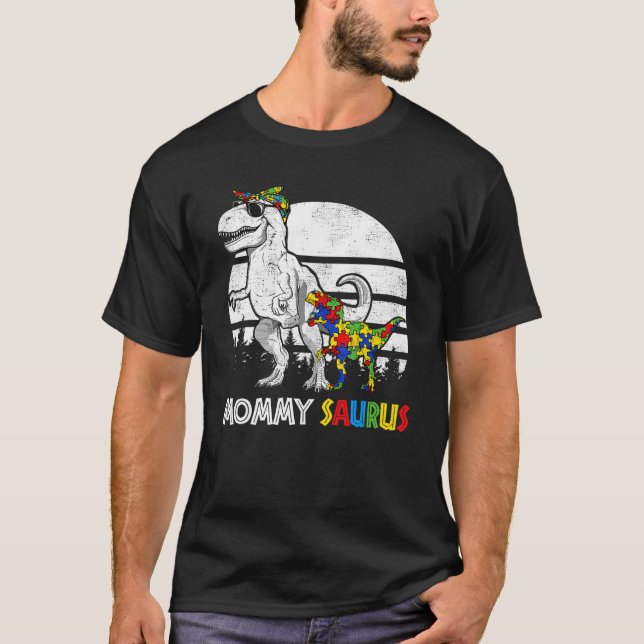 Camiseta Quebra-cabeça de dinossauro da mãe do autismo Momm (Frente)
