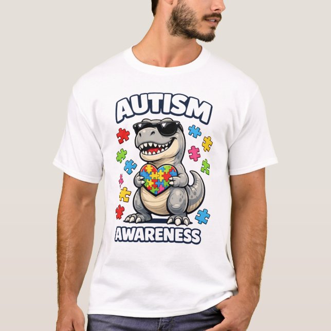 Camiseta Quebra-cabeça de dinossauro para conscientização s (Frente)