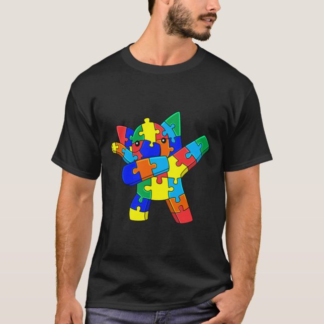 Camiseta Quebra-cabeça de Elefante Batido Peças Autism Dab  (Frente)