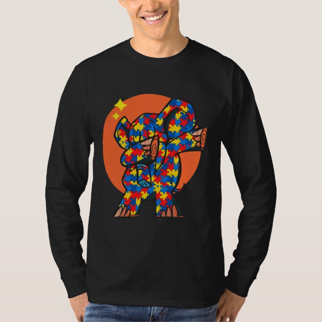 Camiseta Quebra-cabeça de Elefante Batido Peças Autism Dab  (Frente)