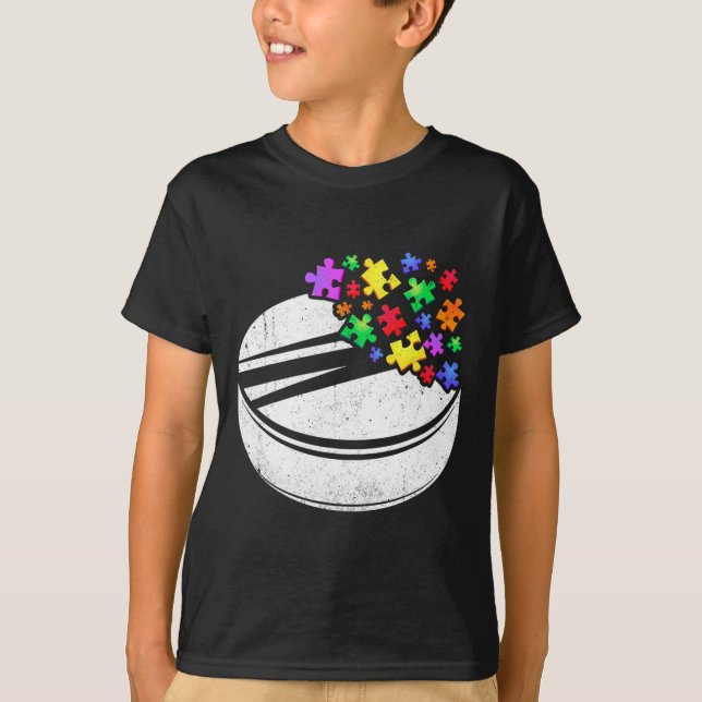 Camiseta Quebra-cabeça de Hóquei sobre a Autismo Homens Mul (Frente)