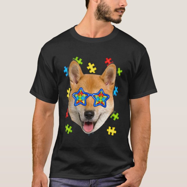Camiseta Quebra-cabeça de Óculos de sol Shiba Inu Cute Inu  (Frente)
