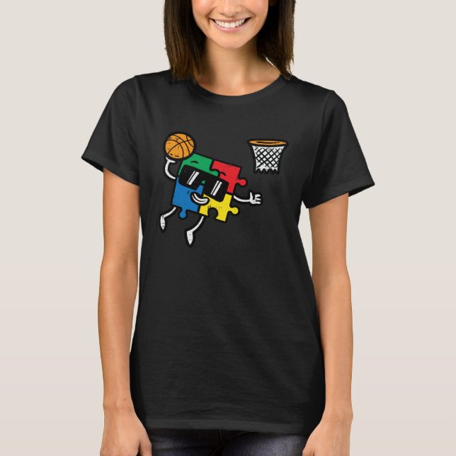 Camiseta Quebra-cabeça do Autismo Basquetebol Enterrada Con (Frente)