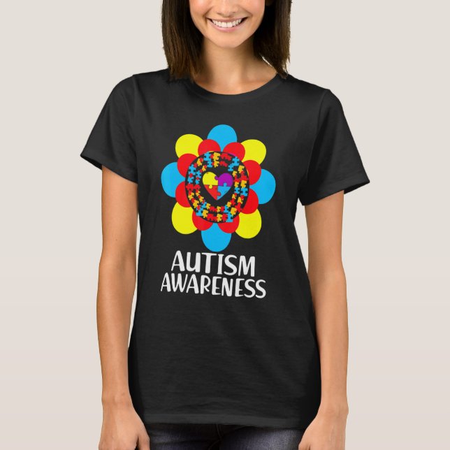 Camiseta Quebra-Cabeça Flor Coração Conscientização do Auti (Frente)