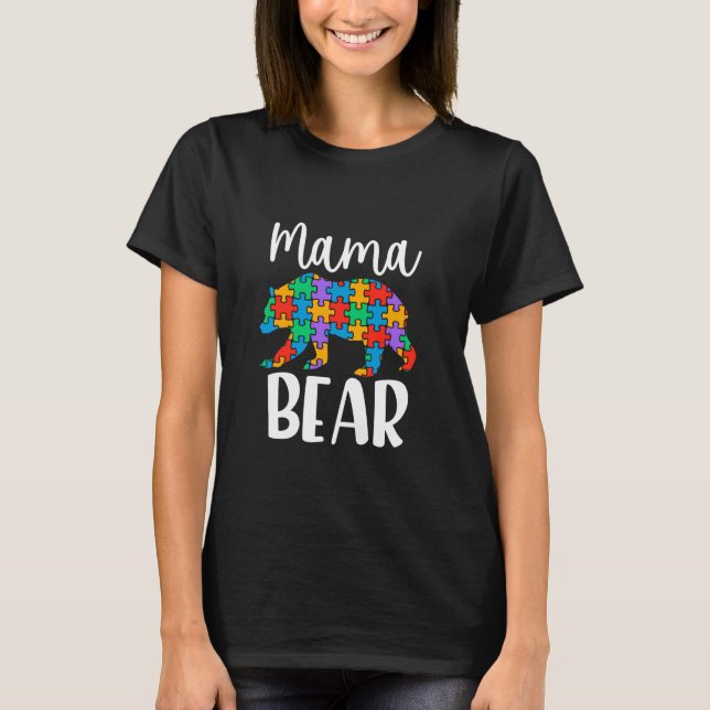 Camiseta Quebra-cabeça Mamãe Urso Conscientização do Autism (Frente)