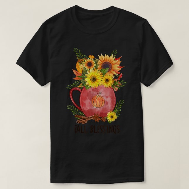 Camiseta Queda Bênçãos Pumpkin Girassol Vintage Autumn Fa (Frente do Design)