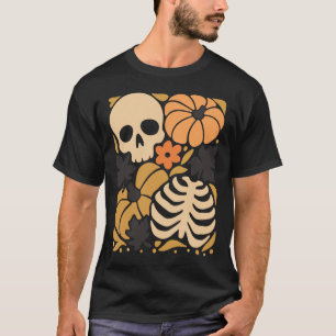 Camiseta Queda Skeleton Pumpkin Folheto Floral Halloween