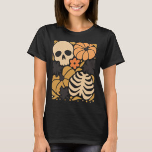 Camiseta Queda Skeleton Pumpkin Folheto Floral Halloween