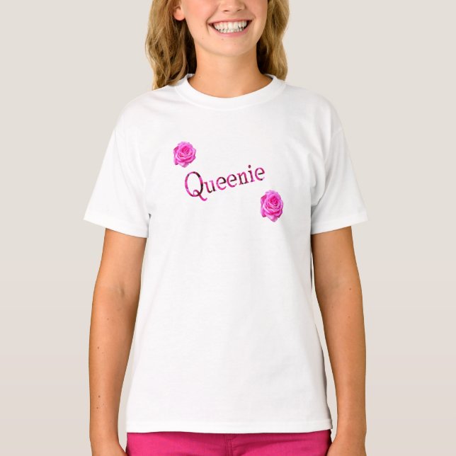 Camiseta Queenie, Nome, Com Rosas Rosa, (Frente)