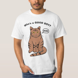 Camiseta Quem é um BOM RAPAZ? Gato Tabby Engraçado Falante