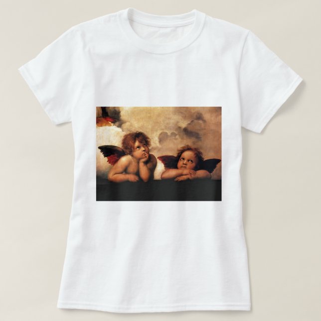 Camiseta Querubins Sistine Madonna de Raphael 2 anjos (Frente do Design)
