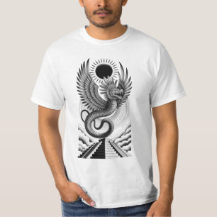 Camiseta Quetzalcoatl Gráfico do Templo Asteca Maia Penas F