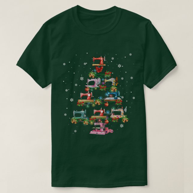 Camiseta Quilting Sewing Machine Christmas Tree Xmas Lights (Frente do Design)