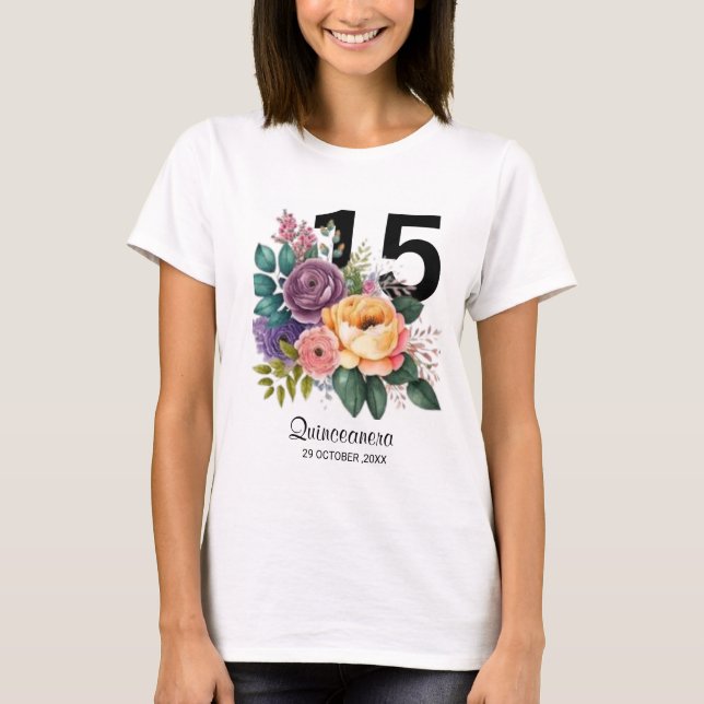 Camiseta Quinceanera Floral 15 Birthday T-Shirt (Frente)