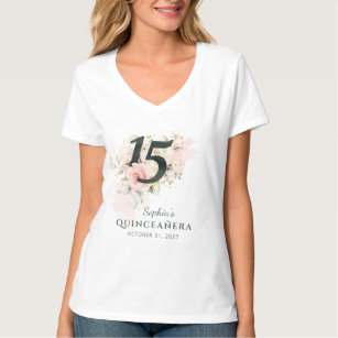 Camiseta Quinceanera Rosa, Rústica Floral, 15, Aniversário