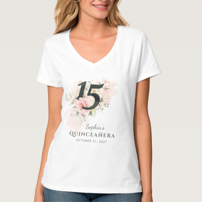 Camiseta Quinceanera Rosa, Rústica Floral, 15, Aniversário (Frente)