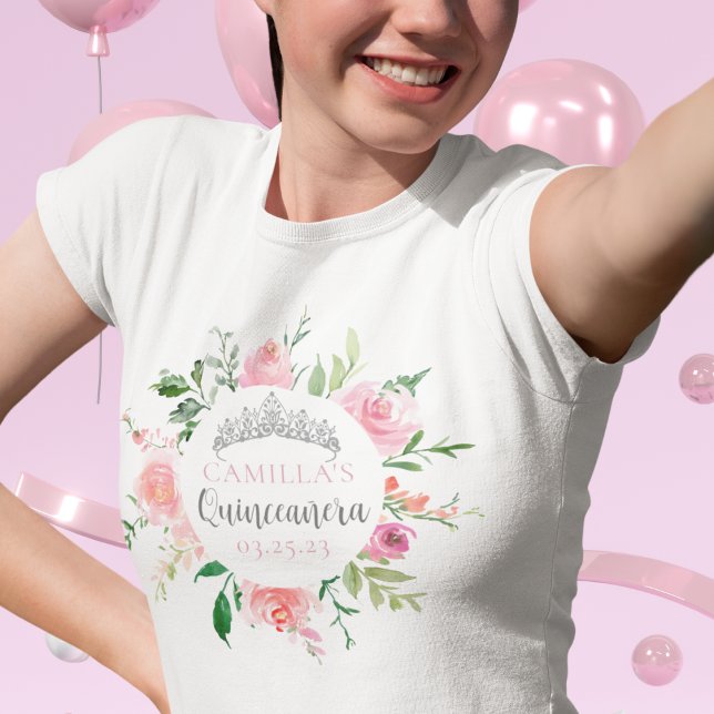 Camiseta Quinceañera Silver Tiara Floral Rosa Personalizada (Criador carregado)
